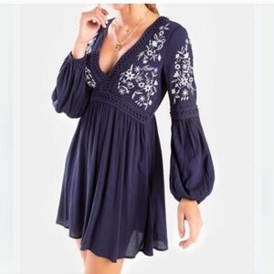 Blue Rain Navy Embroidered Mini Dress